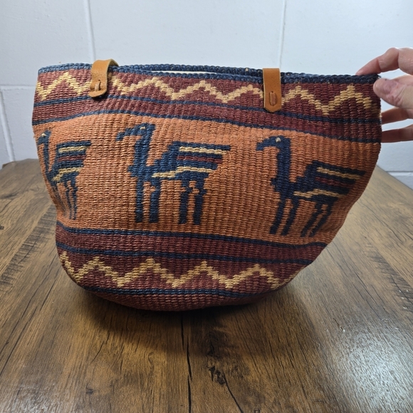 Vtg Woven Southwestern Aztec Sisal Jute Market Bag - Picture 5 of 9